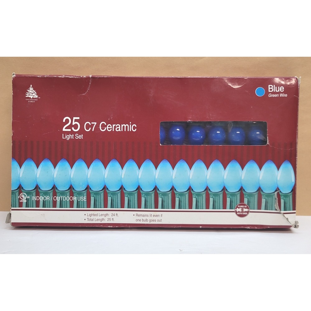 Enchanted Forest 25 C7 Ceramic Blue Light Set Indoor/Outdoor 25ft Green Wire